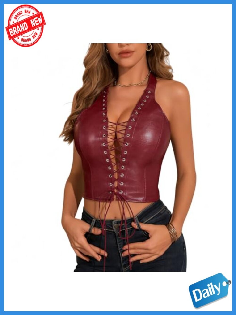 Faux Leather Halter Crop Top Sleeveless Backless Lace Up Corset Camisole